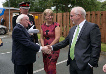 President Higgins is pictured with Wendy and Colin Parry at the Tim Parry Johnathan Ball Foundation for Peace Centre