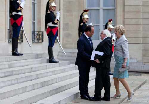 President Higgins and Sabina Higgins attend a Dinner at The Elysée Palace and are greeted by President Hollande. 