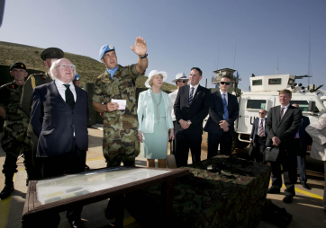 President Michael D Higgins and his wife Sabina during an orientation and operational brief from Lt Oisin Moore at the  UN Post 6-52 in South Lebanon