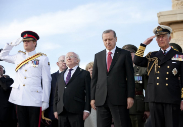 Pictured is HRH Prince Harry, President Michael D Higgins,  President of the Republic of Turkey H.E. Recep Tayyip Erdogan and HRH Prince Charles at Helles Memorial, Gallipoli