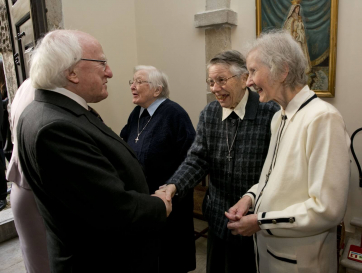 President Higgins at the Convent of Bom Sucesso, Lisbon meeting with Irish Dominican sisters, from left , Sr Agnes Talty, Sr Aedris Coates, & Sr Alicia Mooney