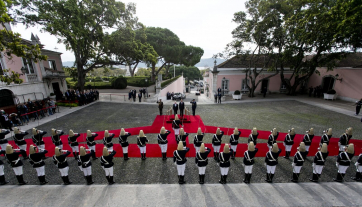 President Michael D Higgins with President of Portugal, Cavaco Silva at Belem Palace in Lisbon inspecting the Guard of Honour
