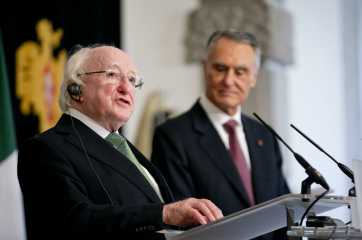 President Michael D Higgins with President of Portugal, Cavaco Silva during a press conference at Belem Palace in Lisbon