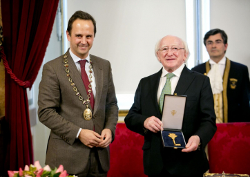 President Michael D Higgins with Fernando Medina Mayor of Lisbon at Lisbon City Hall where President Higgins was given the key of the City