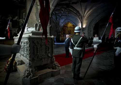 President Michael D Higgins during to a wreath laying ceremony at the Tomb of Luis de Camoes