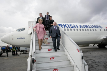 Pictured is President Michael D Higgins and his wife Sabina arriving at Istanbul Ataturk Airport