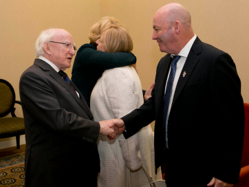 Pictured is Jackie and George Donohue with President Higgins and Sabina Higgins.