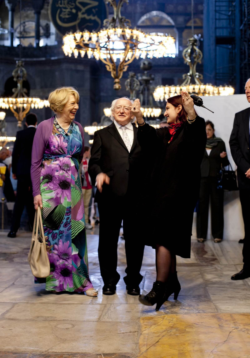 Pictured is President Michael D Higgins and his wife Sabina with Ms Dafne Tekey Deputy Manager of the Hagia Sofia in Istanbul