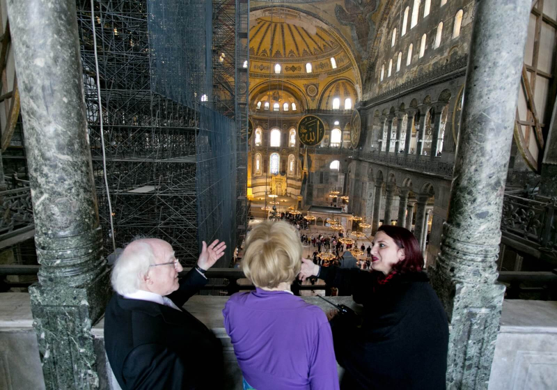 Pictured is President Michael D Higgins and his wife Sabina with Ms Dafne Tekey Deputy Manager of the Hagia Sofia in Istanbul
