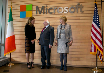 President Higgins and Sabina Higgins are pictured in Microsoft Offices, Seattle with Peggy Johnson, Executive Vice President, Microsoft.    