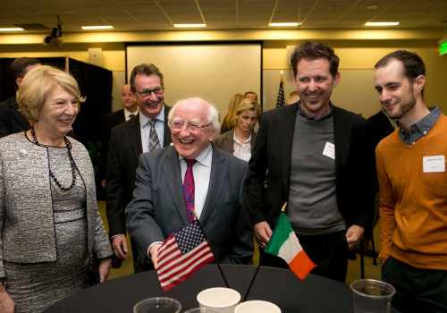 President Higgins and Sabina Higgins are pictured in Microsoft Offices, Seattle with Irish employees of Microsoft. 