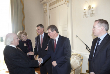 President Higgins greets Dr McKeon Founder of Aware Also in pic is Mrs Sabina Higgins Dominic Layden CEO and Alan Morris
