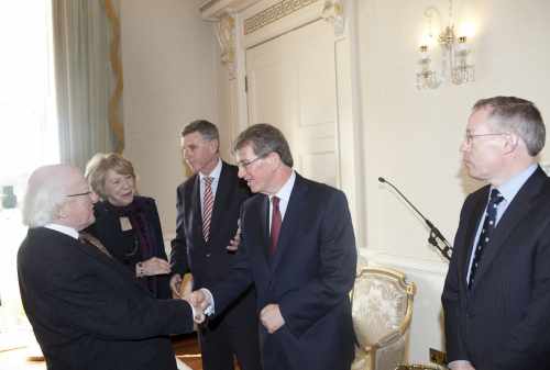President Higgins greets Dr McKeon Founder of Aware Also in pic is Mrs Sabina Higgins Dominic Layden CEO and Alan Morris