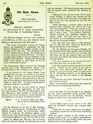 The Sprig Regimental Journal publishes congratulations to the 7th Battalion for their actions at the Battle of Hulluch April 1916