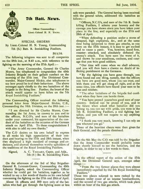 The Sprig Regimental Journal publishes congratulations to the 7th Battalion for their actions at the Battle of Hulluch April 1916
