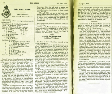 The Spring Regimental Journal publishes congratulations to the 8th Battalion for their actions at the Battle of Hulluch April 1916