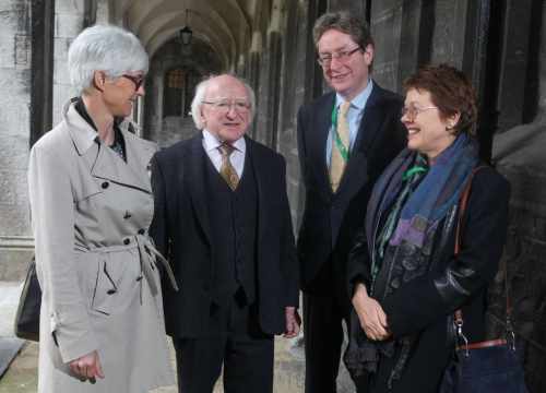 President Higgins is pictured with Professor Martine Rahier, Vice President, EUA, Dr Jim Browne, NUI Galway President, and Lesley Wilson, Secretary General, EUA.
