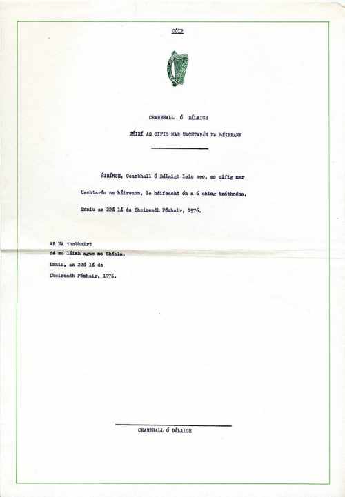 Notice of resignation October 1976