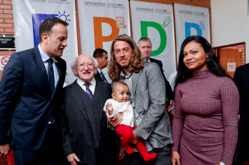 President Higgins, Minister Varadkar as he meets with James Goulding from Cork and partner Karina Caraballo and their daughter Rose