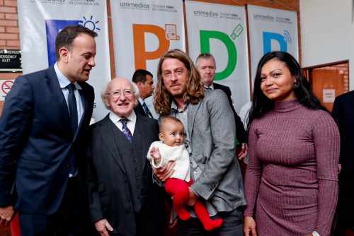 President Higgins, Minister Varadkar as he meets with James Goulding from Cork and partner Karina Caraballo and their daughter Rose
