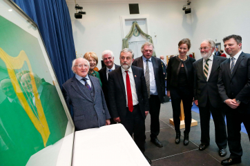 Joe O’Flynn from SIPTU, Jack O’Connor; SIPTU, Gene Mealy; SIPTU Vice President, Rachel Phelan from Collins Barracks who restored the flag, Mark Scott; Chairman of the The Inniskillings Museum and Neil Armstrong from The Inniskillings Museum.