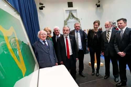 Joe O’Flynn from SIPTU, Jack O’Connor; SIPTU, Gene Mealy; SIPTU Vice President, Rachel Phelan from Collins Barracks who restored the flag, Mark Scott; Chairman of the The Inniskillings Museum and Neil Armstrong from The Inniskillings Museum.