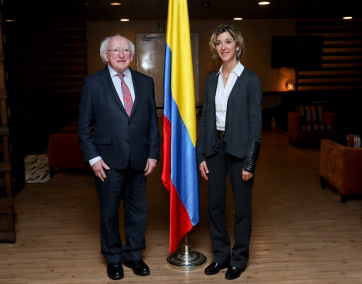 President Higgins upon his arrival in the city of Bogota in Columbia at the start of his three day visit with Ms Maria Angela Holquin Cuellar Minister for Foreign Affairs