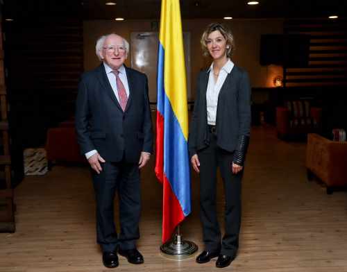 President Higgins upon his arrival in the city of Bogota in Columbia at the start of his three day visit with Ms Maria Angela Holquin Cuellar Minister for Foreign Affairs