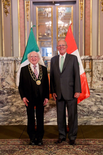 President Kuczynski as he presents President Higgins with the Gran Collar de la Order El Sol del Peru Honour at the Government Palace in the city of Lima in Peru