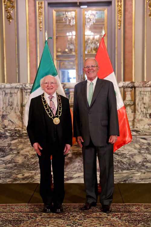 President Kuczynski as he presents President Higgins with the Gran Collar de la Order El Sol del Peru Honour at the Government Palace in the city of Lima in Peru