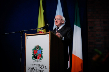 President Higgins at the Universidad National de Columbia (UNAL) as he makes his keynote address on Irish and Columbian Peace Processes