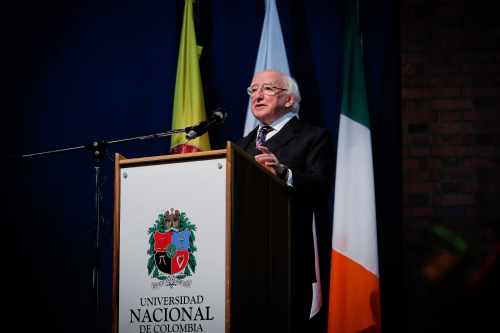President Higgins at the Universidad National de Columbia (UNAL) as he makes his keynote address on Irish and Columbian Peace Processes