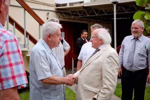 President Higgins on Official visit to Peru in the city of Lima on a visit to the Irish Columban Fathers Missionary as he meets withFather Dermott Carthy Columban priest