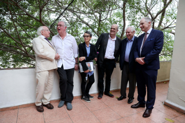 President Higgins  with 'Star of the Sea' author Joseph O' Connor and from left Pura Lopez Colome author and poet , Colm Tobin , Dermot Keogh and David Stanton Minister of state at dept of Justice and equality