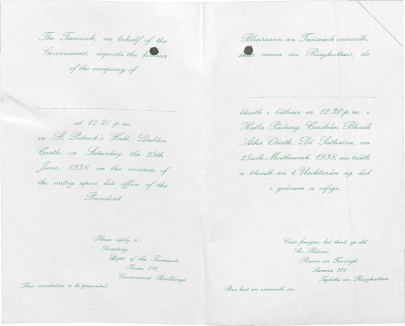Invitation to Inauguration ceremony for Dr Douglas Hyde 25 June 1938 